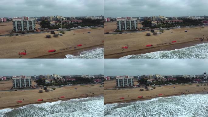 鸟瞰印度奥里萨邦普里拥挤的海滩。