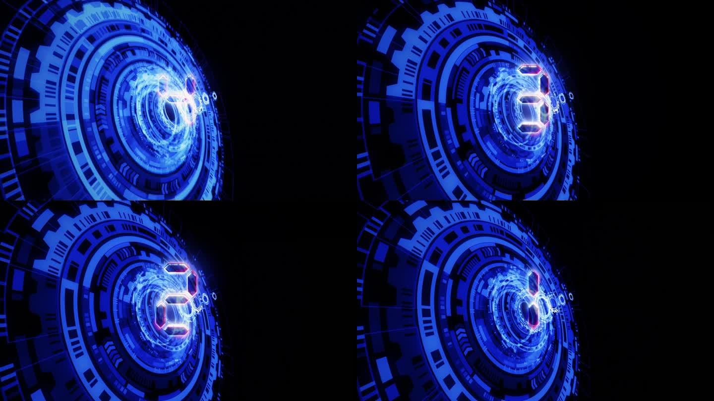 五秒倒计时定时器与抽象蓝色数字HUD技术动画抽象背景。五到零倒计时艺术效果计数定时器抽象背景。