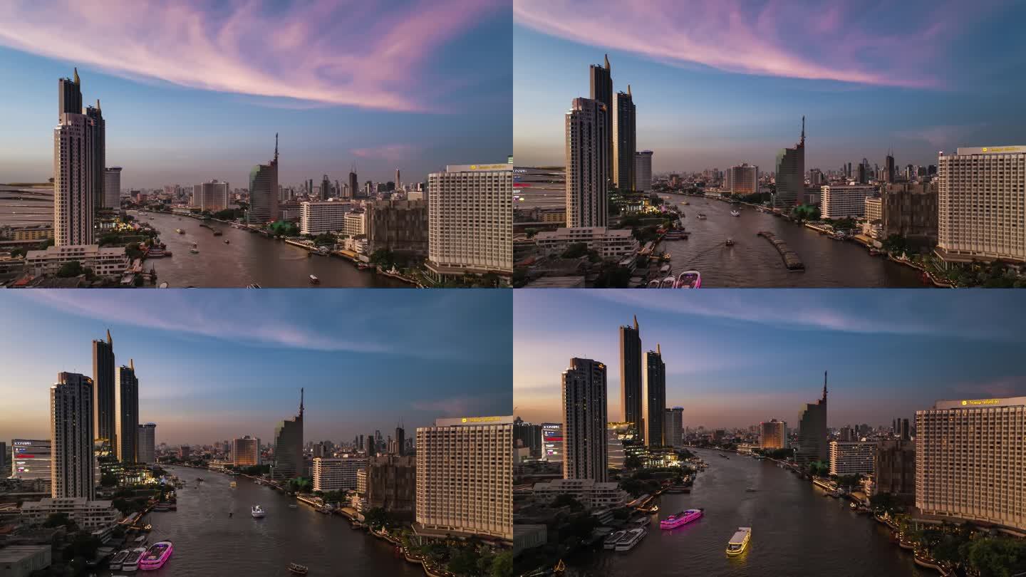 曼谷高速公路上交通信号灯的空中无人机日出场景
