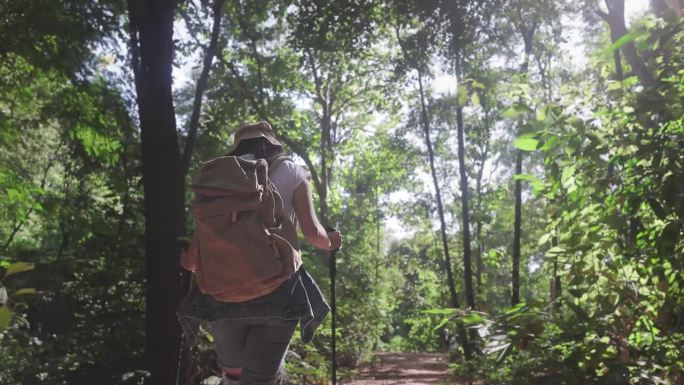 徒步旅行者有吸引力的快乐的年轻女孩背着背包在山上徒步旅行，周围都是令人惊叹的风景