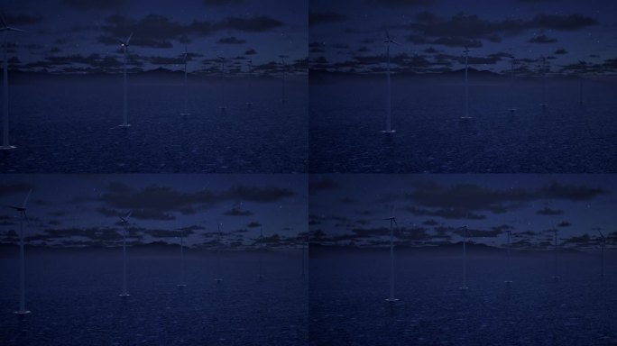 夜间水上风力涡轮机- 4K分辨率