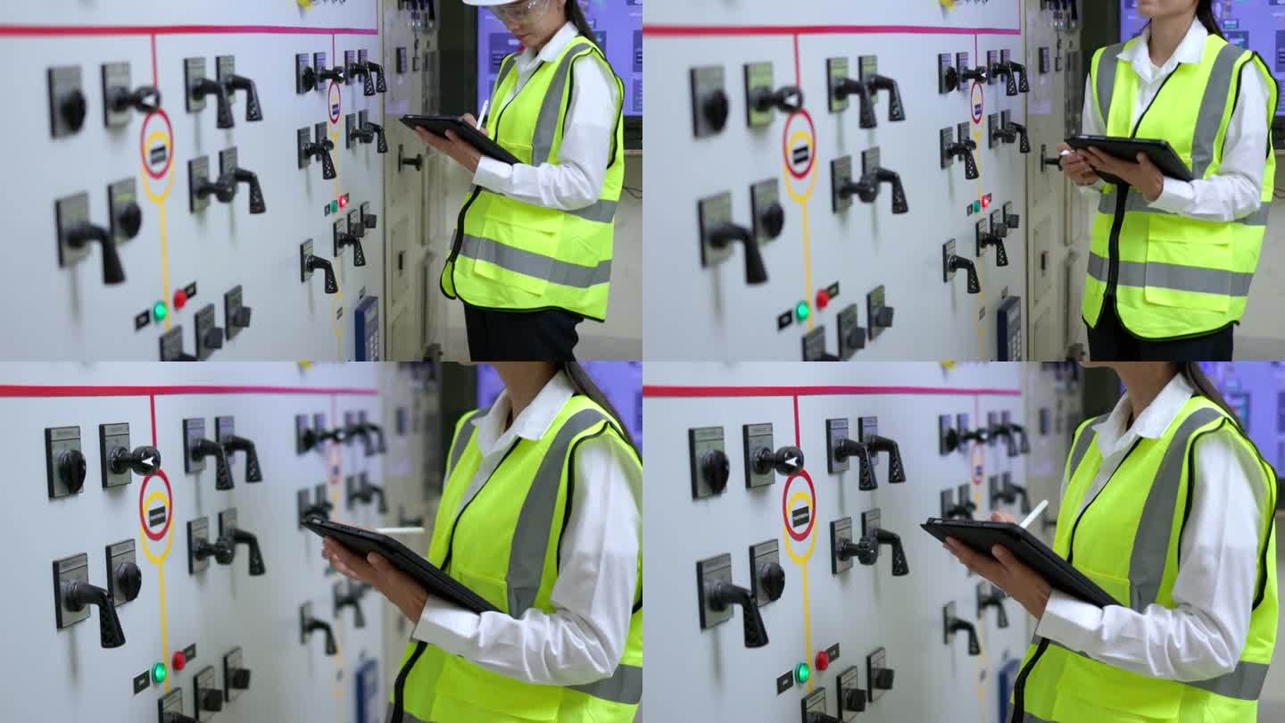 操作员电气工程师在开关室的平板电脑上记录配电板的电压、电流和功率