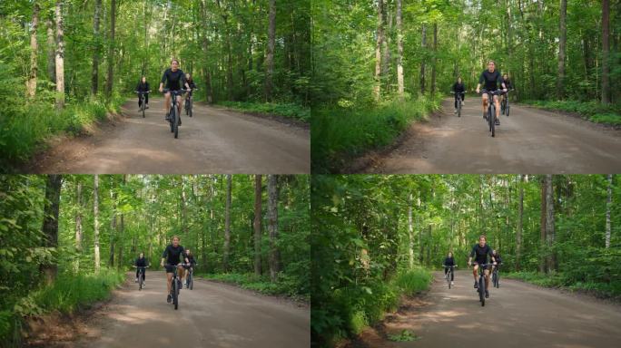 夏日清晨，三位窈窕女子在美丽的树林里骑自行车，在大自然中积极地休息