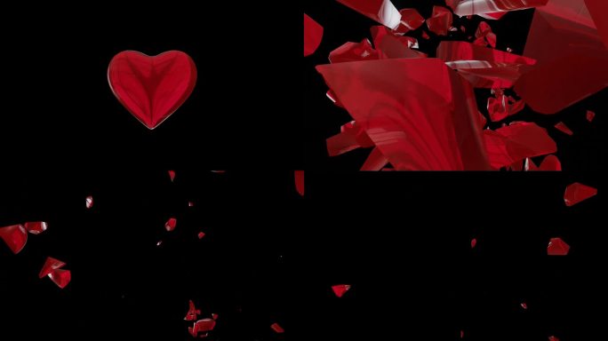 一个破碎的心的3d渲染成小碎片。彩色动画特效