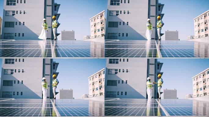 工程人员，太阳能电池板和握手为电网安装，生态友好协议或感谢在城市屋顶。技术员、经理或承包商在光伏板交