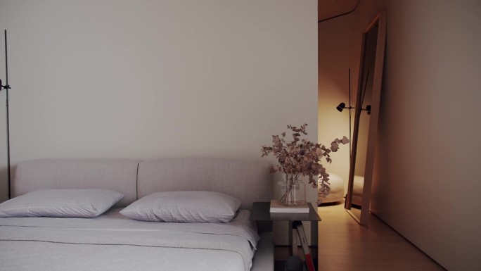 卧室在一个极简主义公寓白色调，现代设计工作室的家