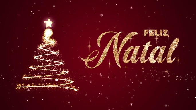 圣诞快乐，红色背景的圣诞树，葡萄牙语。祝你快乐出生的。