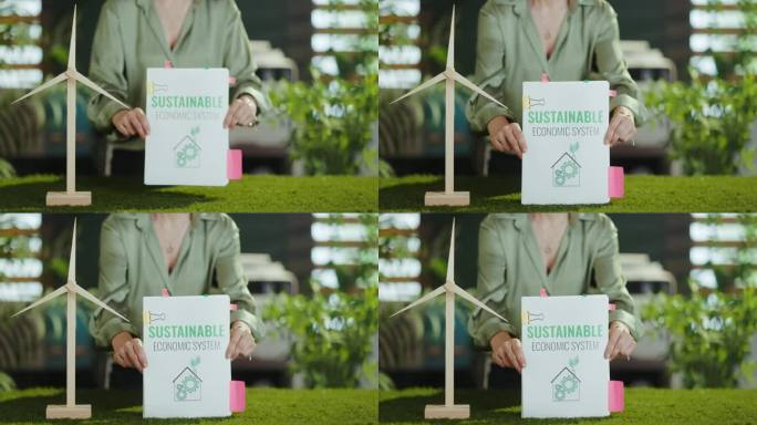 女企业主在绿色办公室展示生态商业计划