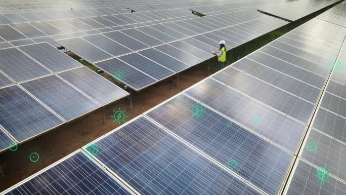 太阳能电池板农场与可再生绿色替代能源的动画图形