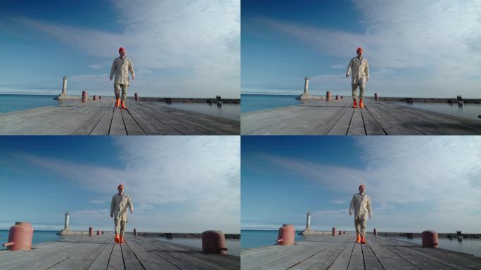 旅行与发现，一个人在美丽海湾的旧木码头上独自行走的全长肖像
