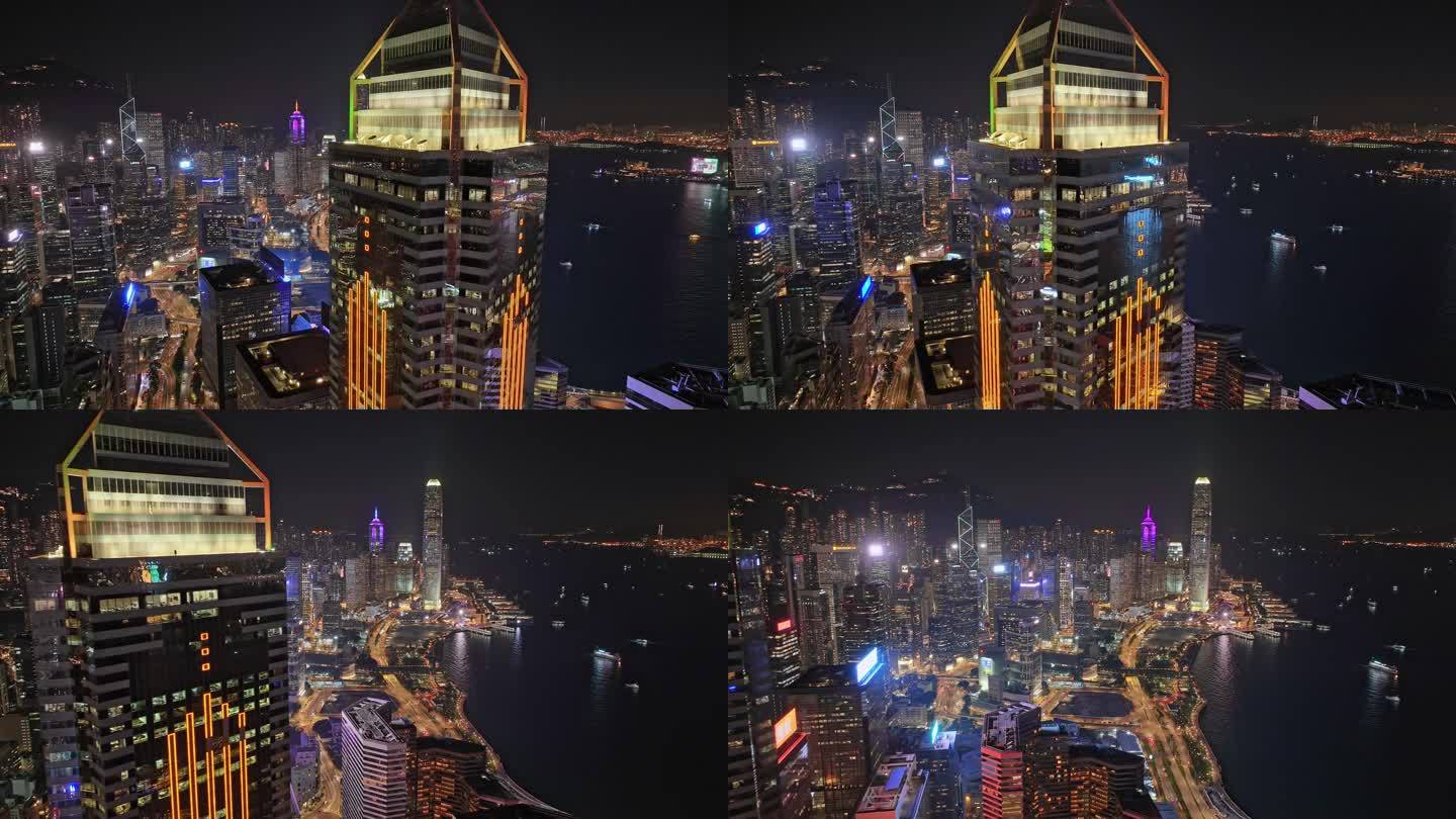 香港维多利亚港湾建筑物夜晚航拍