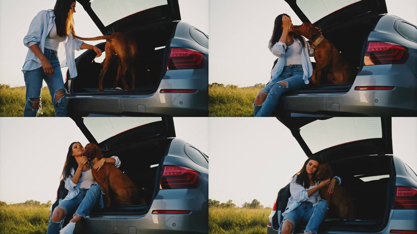 日落时分，女子坐在汽车后备箱里训练狗