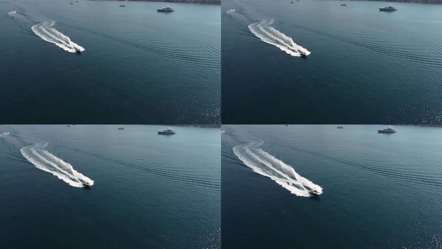 无人机拍摄的快艇在爱琴海航行的视频，雅典，希腊