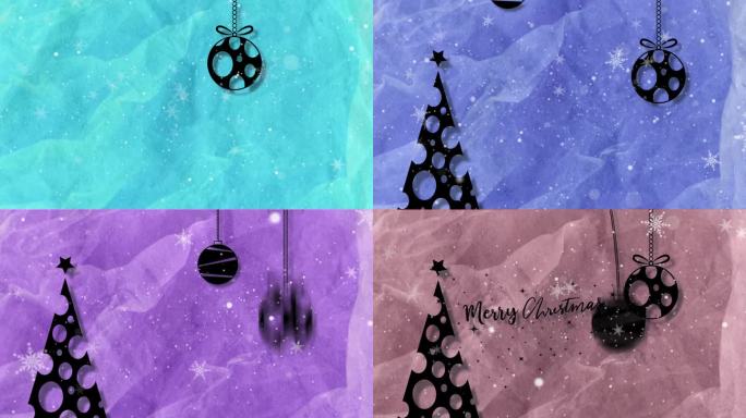 4K动画黑色剪纸风格圣诞旗帜与树木和悬挂球装饰。新年动画。从圣诞节落下的雪。雪在彩色纸的背景上