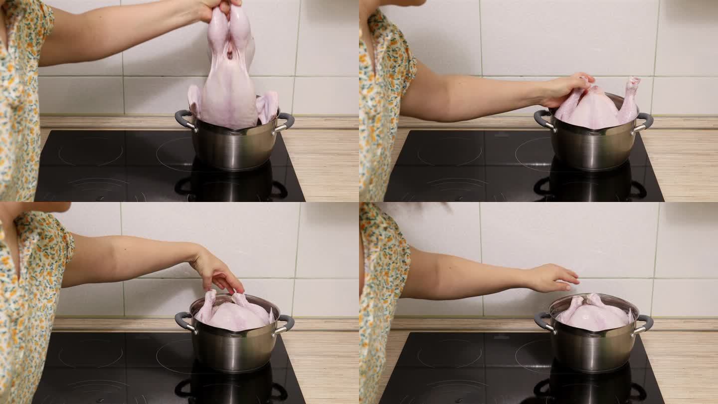 视频中，不知名的女性，家庭主妇双手将新鲜的鸡肉体放入厨房电磁炉上的炖锅中