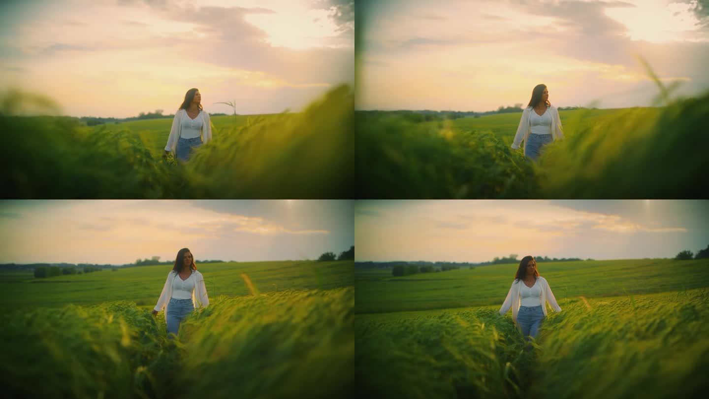 年轻女子边走边摸着田里的绿色小麦