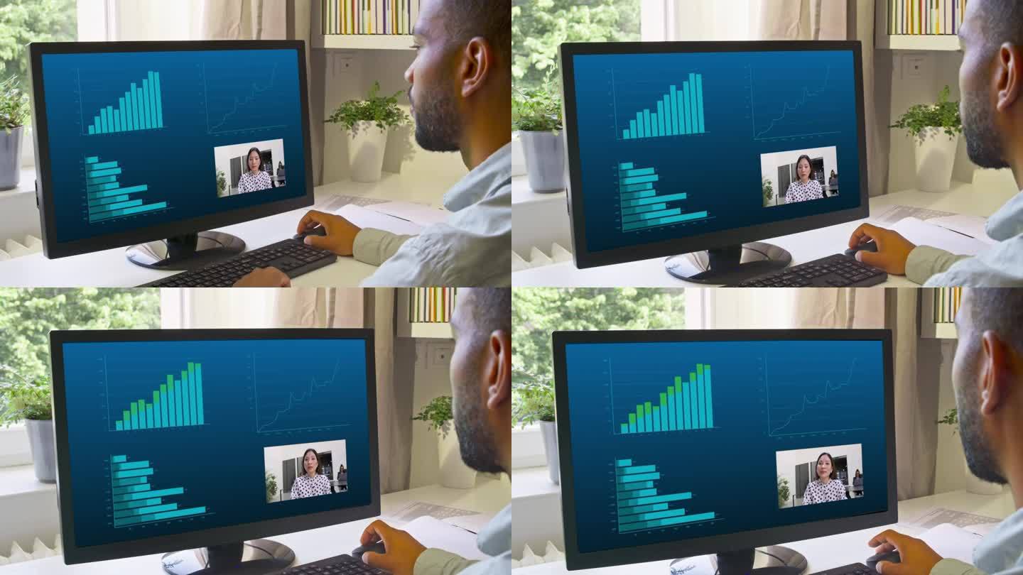DS Man坐在他的家庭办公室里，一边看图表一边进行视频通话