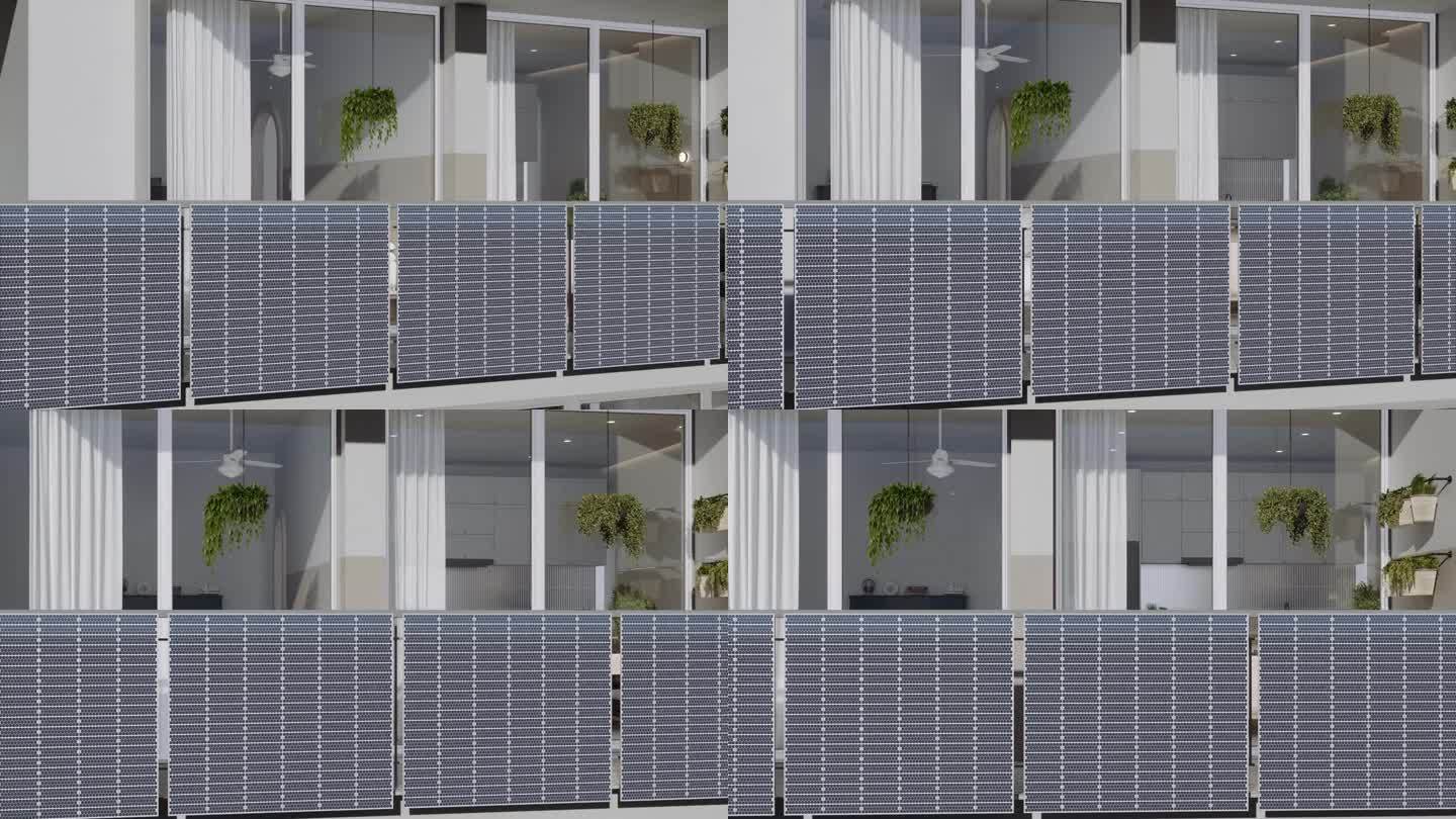 带太阳能电池板的现代阳台公寓。绿色科技、环保及可持续资源理念
