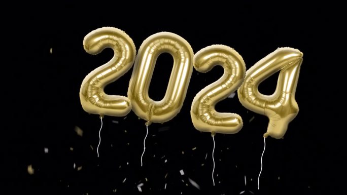 黑屏2024新年金箔气球周围漂浮3D渲染。3 d演示。