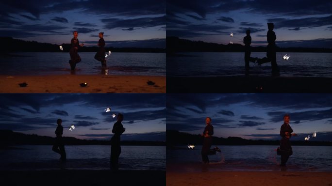两个女人在河岸边的夜晚跳舞表演，神秘的女性剪影