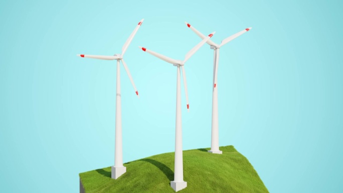 旋转的风力涡轮机在滚动的绿色山丘-插图作为3d渲染。放大