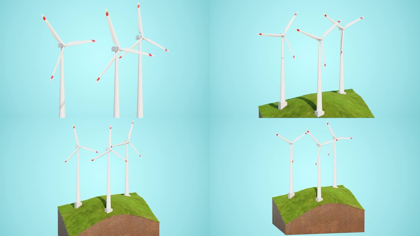 旋转的风力涡轮机在滚动的绿色山丘-插图作为3d渲染。放大