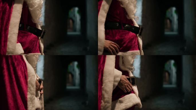 圣诞老人休息着，摸着他的腰带