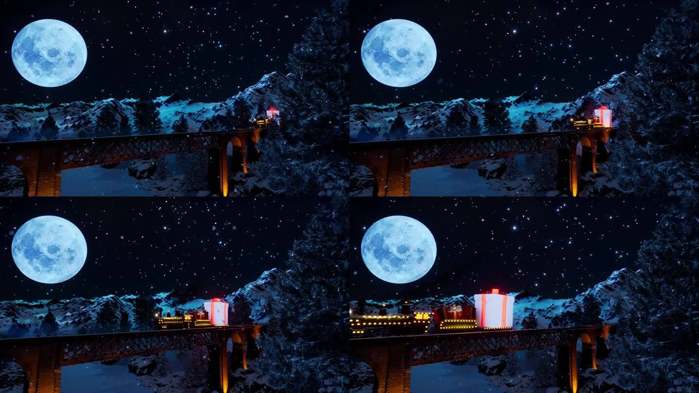 送圣诞礼物雪夜圣诞节三维动画小火车圣诞礼