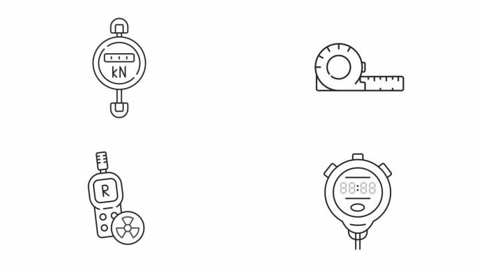 一套黑色图标简单的动画代表测量仪器，高清视频透明背景，无缝循环4K视频