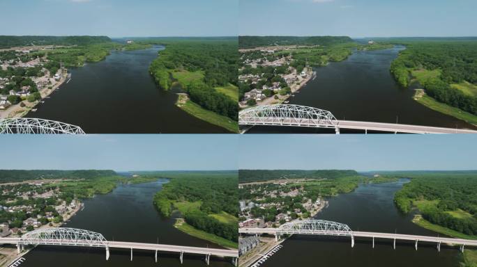 美国明尼苏达州密西西比河、沃巴沙市和沃巴沙-尼尔森大桥鸟瞰图。——回调