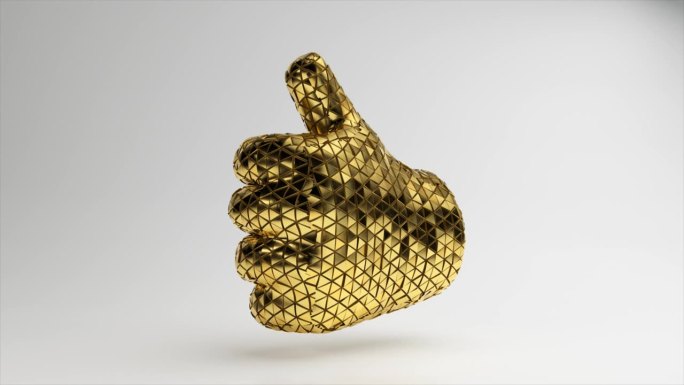 由闪亮的金色部分在浅色背景上旋转而成的3D动画表情符号竖起大拇指。社交媒体。
