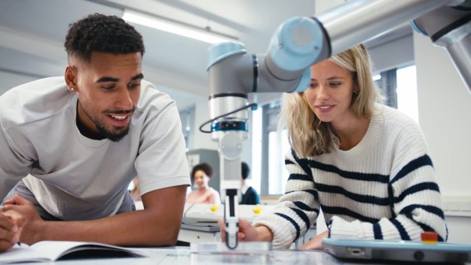 在机器人课堂上，学院或大学工程系的男女学生一起工作