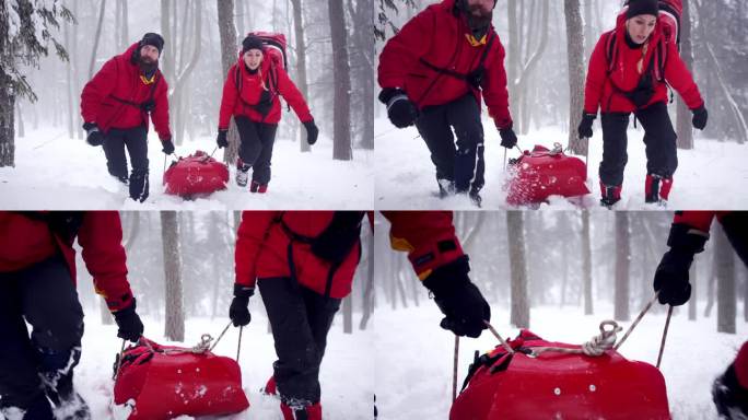 山区救援服务提供冬季野外森林救援，用担架拉伤员。