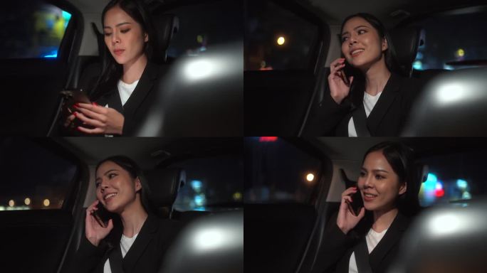 晚上坐在出租车后座系着安全带使用智能手机的女性的放松感。女开心在车里旅行，在去目的地的路上坐出租车。
