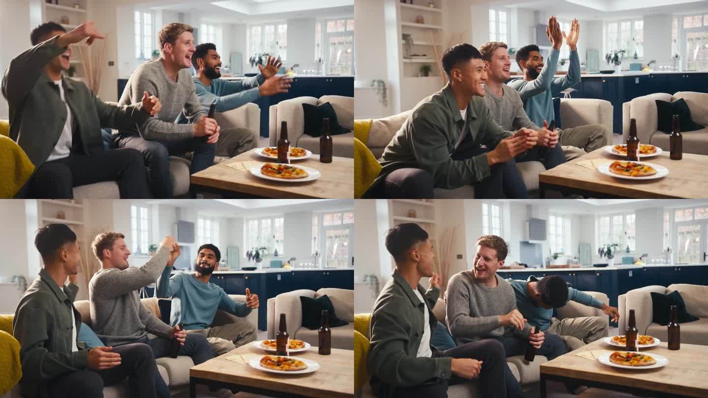 一群兴奋的男性朋友在电视上观看体育比赛，并在家里一起吃披萨庆祝