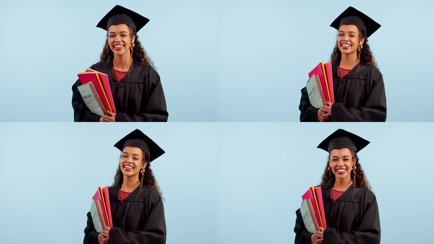 女人，毕业时带着脸，微笑时带着书本和大学成就，毕业时带着科学画室。肖像，教育成功和模型空间，仪式和事