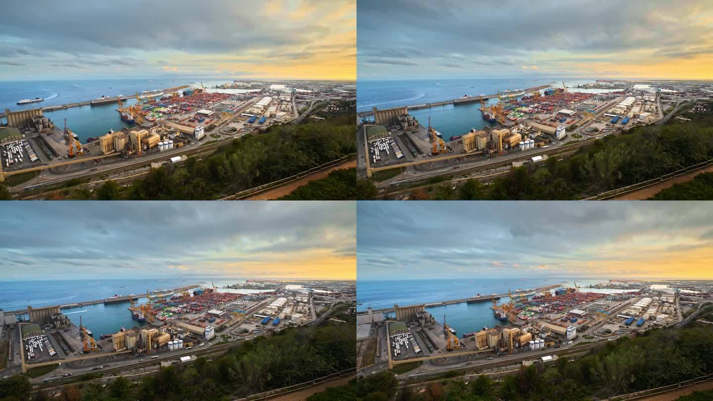 西班牙，巴塞罗那海港的延时视图，里面有大量的集装箱、停泊的船只、移动的卡车和汽车