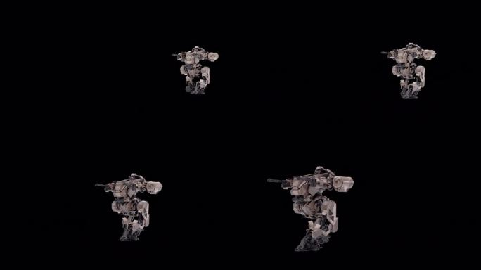 机器人的3D模型，战士的未来机器渲染动画，装配骨骼结构，行走-正面左视图，覆盖与阿尔法哑光通道，科幻