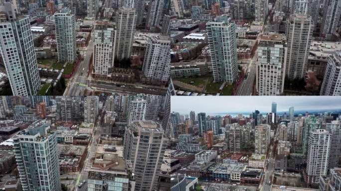 温哥华城市的高角度平移镜头。崭新的玻璃摩天大楼和在下面行驶的汽车