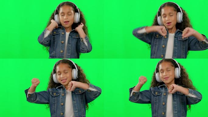 绿色的屏幕，耳机和女孩跳舞，音乐和唱歌在儿童电台，播客和兴奋或人才。庆祝和快乐的孩子听，流媒体或音频