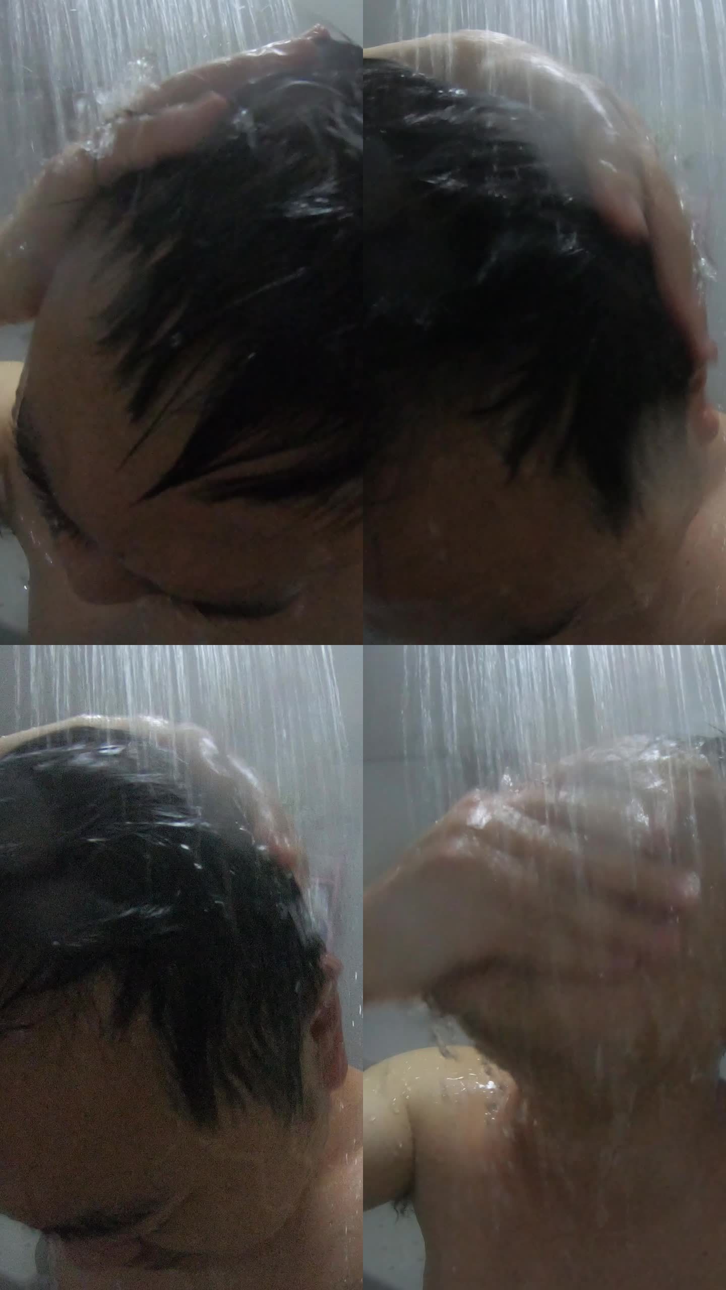 正在淋浴洗头发的油腻中年人