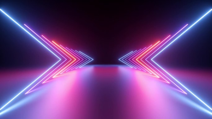3d循环动画，抽象粉蓝色霓虹背景与发光渐变箭头，显示前进方向。空的阶段