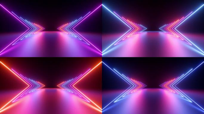 3d循环动画，抽象粉蓝色霓虹背景与发光渐变箭头，显示前进方向。空的阶段