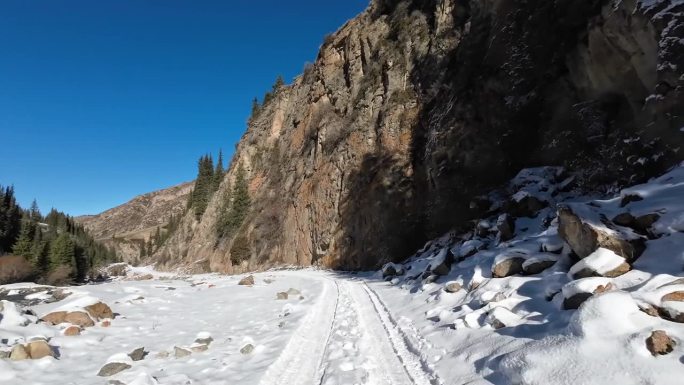 在雪地上的车辙上行进，穿过狭窄的峡谷，在布满云杉林的冬季岩石中穿行