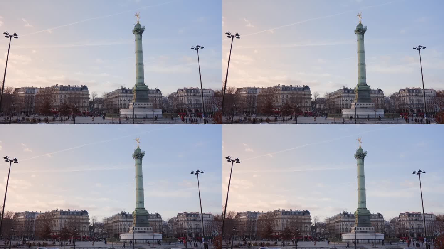 法国巴黎巴士底广场中央的七月圆柱。广角镜头