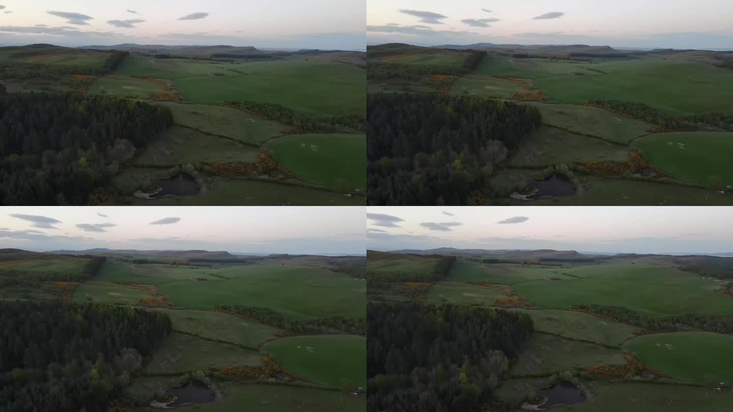 苏格兰牧羊场的鸟瞰图，概括了乡村的美丽，农业和自然在无缝舞蹈中共存。