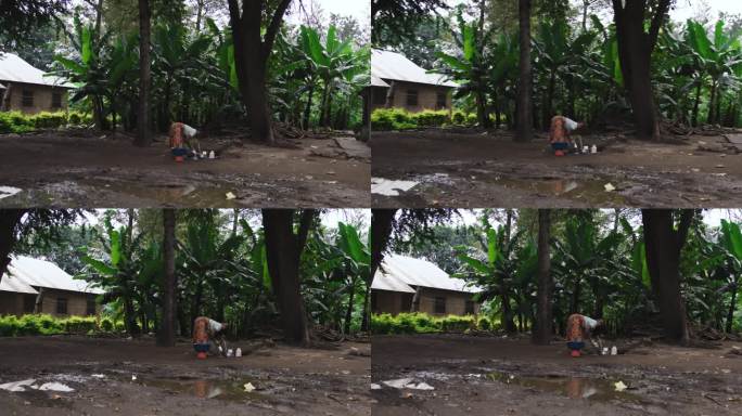 慢镜头:一个女人在水龙头边洗餐具。一位女士在水坑边洗盘子。她在香蕉农场附近。