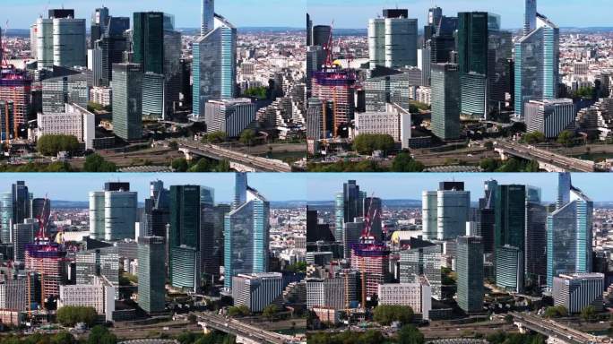 商业区高层现代办公大楼的航拍幻灯片和全景图。拉德芳斯商业摩天大楼光滑的玻璃外墙。法国巴黎