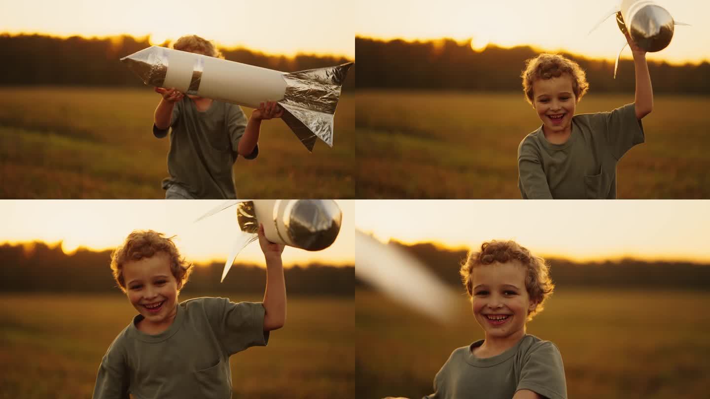 迷人的白人男孩的肖像在夏天玩玩具火箭在田野里，奔跑的幼儿