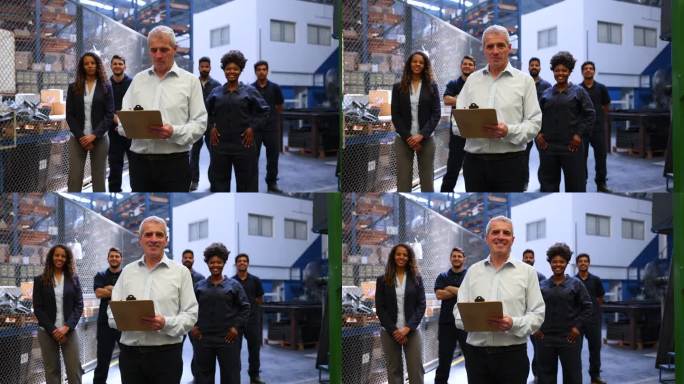 一家水泵厂的男老板和他的多元化团队站在所有人的身后，微笑着面对镜头